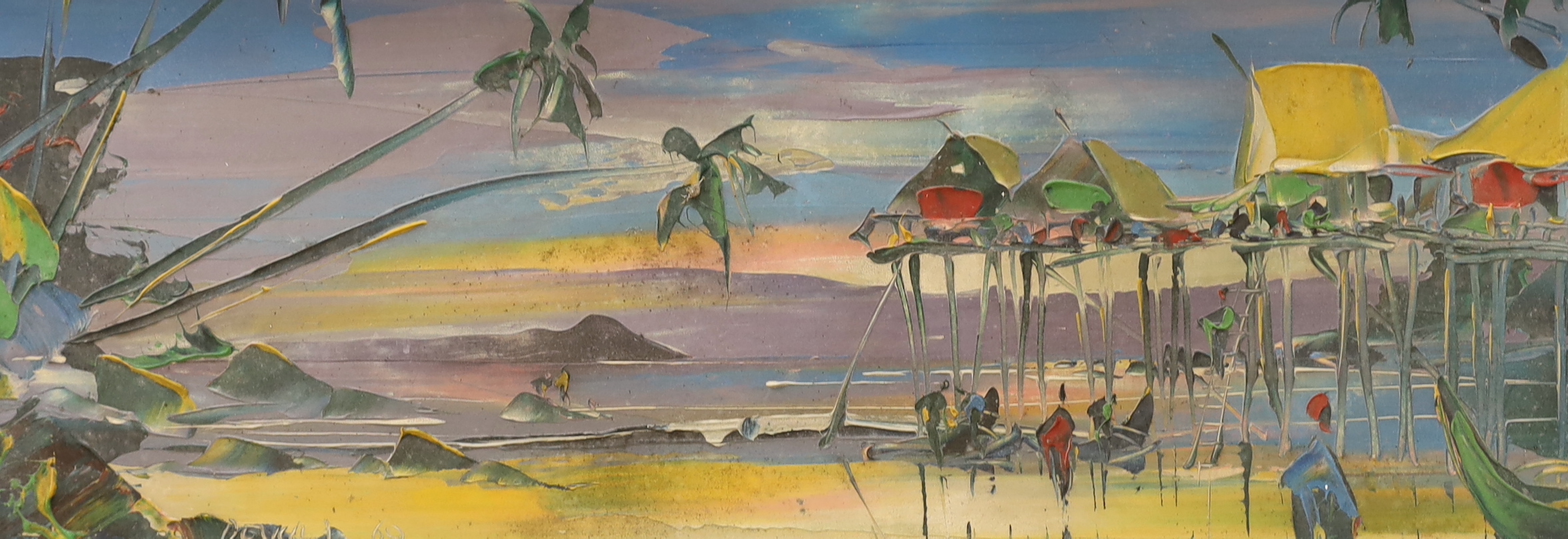 George Richard Deakins, oil on canvas, Caribbean beach scene, signed and dated '69, 30 x 80cm